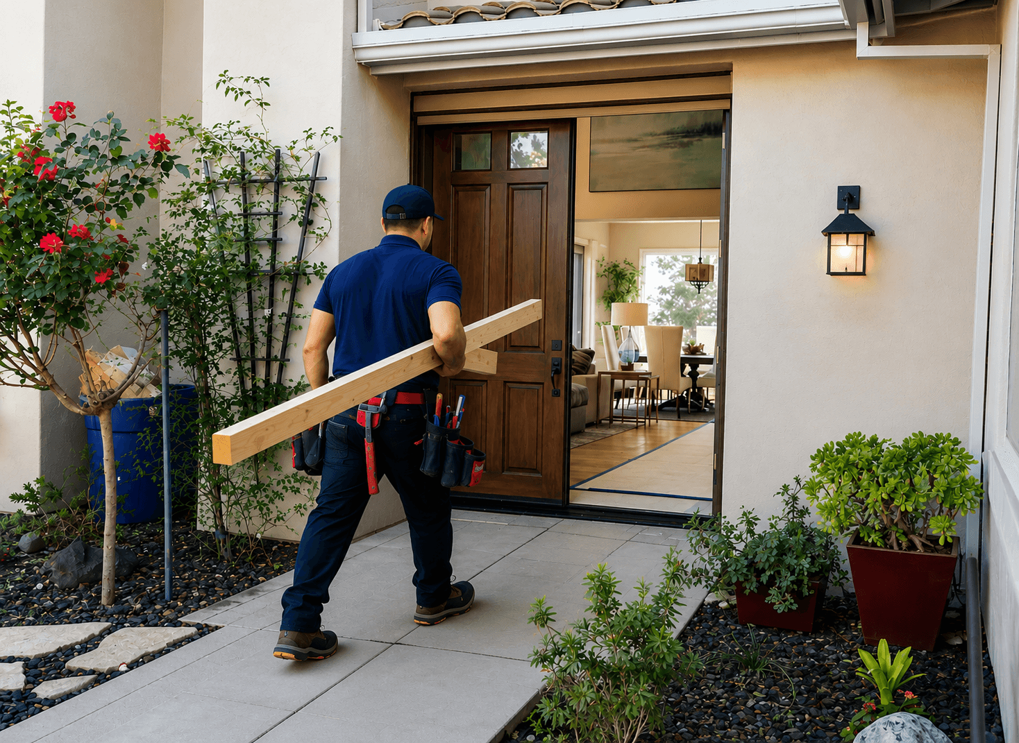 Grade A Plumbing plumber arriving at a home for a service visit